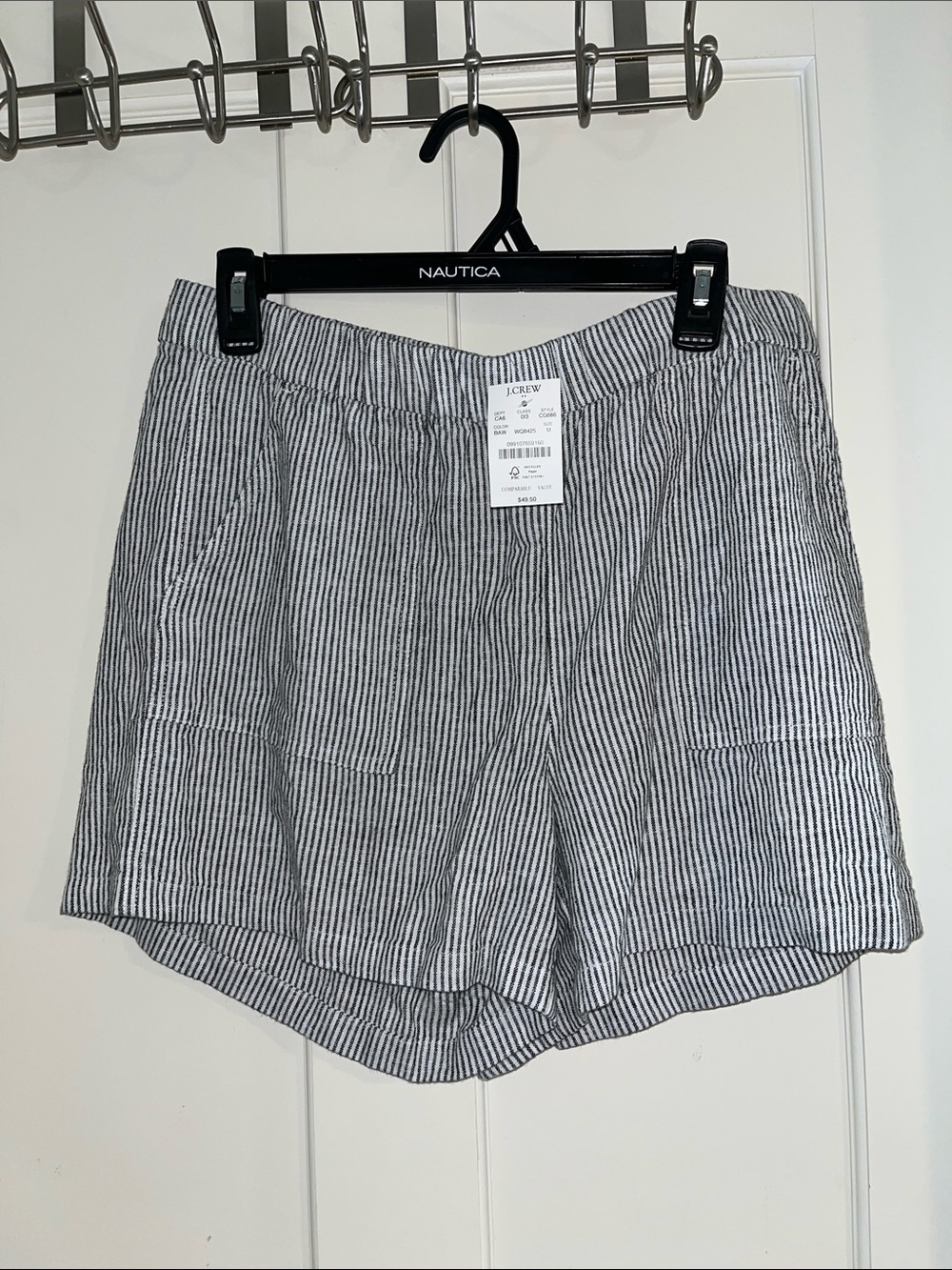 J. Crew Factory Striped High-Waist Linen-Blend Shorts in Navy and White